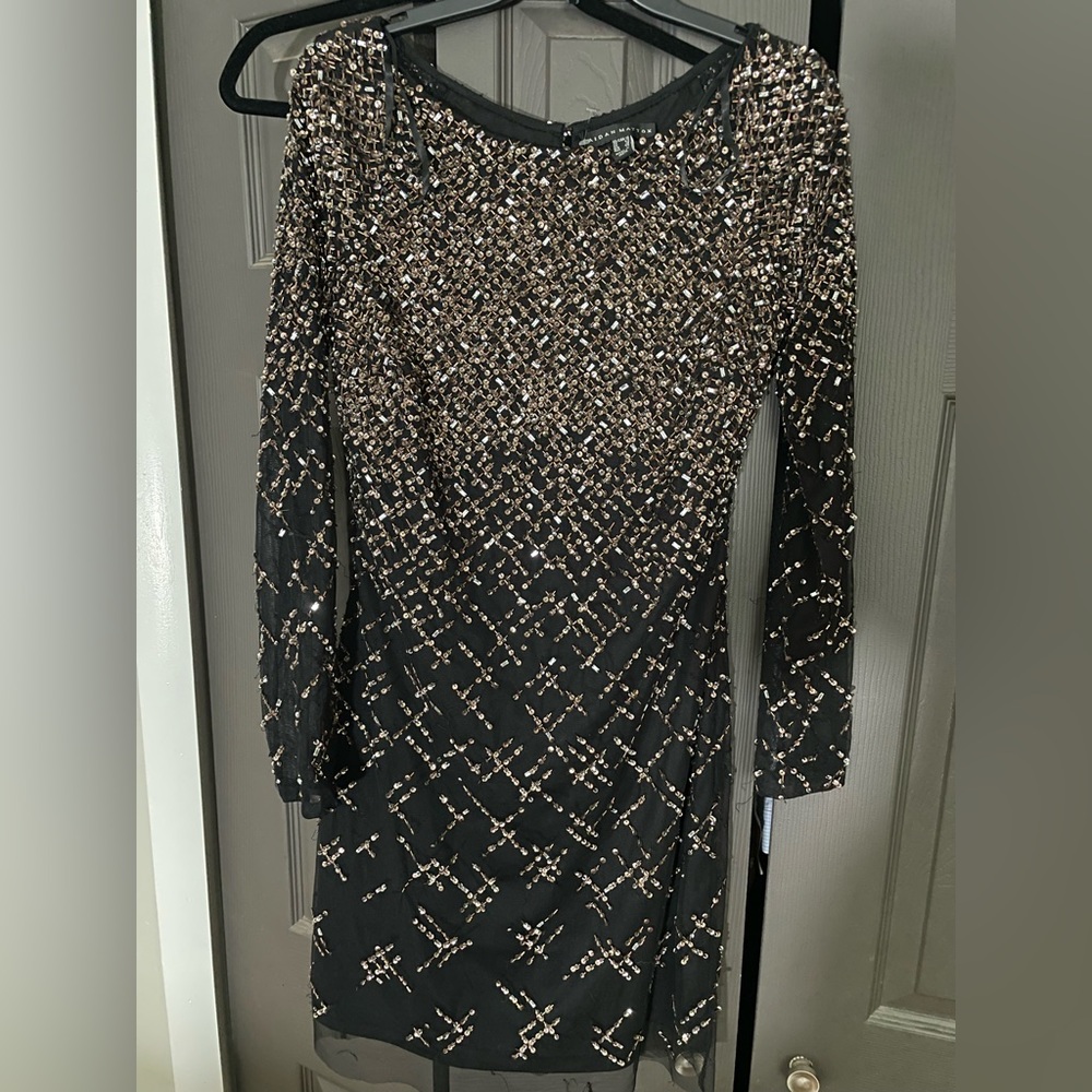 Aidan Mattox black dress gold silver rhinestone